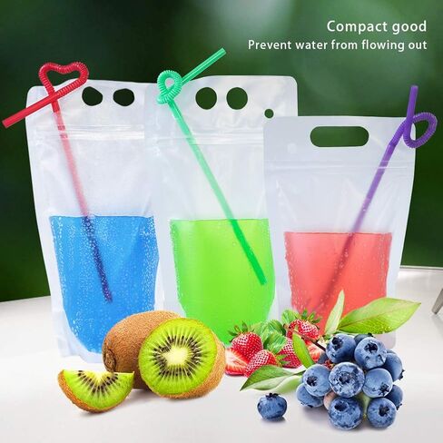 50PCS Drink Pouches For Adults,Reusable Zipper Bags With Reusable Straws For Alcohol Drink Freezable Hand-Held Juice Container For Cold & Hot Smoothie (16OZ, Frosted) in Saudi Arabia
