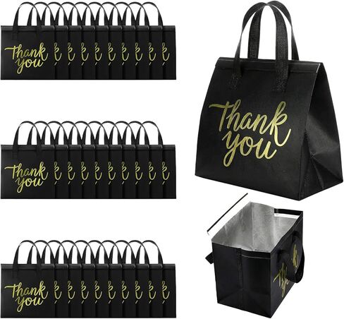 عبوة من 80 كيس بقالة معزول، وحقائب توصيل الطعام، وحقائب تبريد للاستعمال مرة واحدة، وحقائب سفر للسفر والنزهات (أسود وذهبي شكرًا لك) in Kuwait