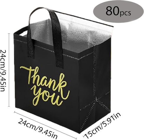 عبوة من 80 كيس بقالة معزول، وحقائب توصيل الطعام، وحقائب تبريد للاستعمال مرة واحدة، وحقائب سفر للسفر والنزهات (أسود وذهبي شكرًا لك) in Kuwait