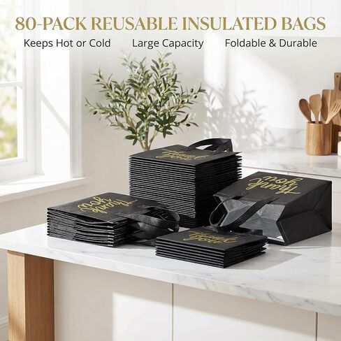 عبوة من 80 كيس بقالة معزول، وحقائب توصيل الطعام، وحقائب تبريد للاستعمال مرة واحدة، وحقائب سفر للسفر والنزهات (أسود وذهبي شكرًا لك) in Kuwait