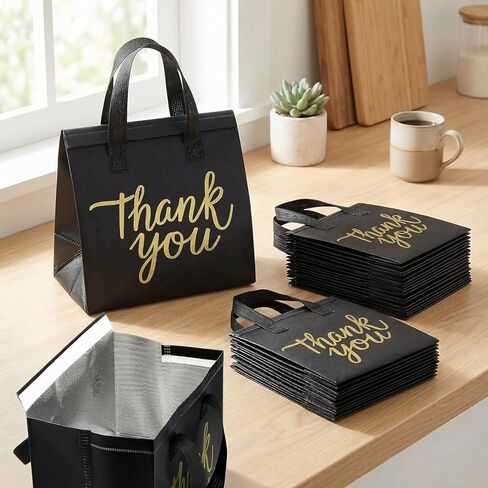 عبوة من 80 كيس بقالة معزول، وحقائب توصيل الطعام، وحقائب تبريد للاستعمال مرة واحدة، وحقائب سفر للسفر والنزهات (أسود وذهبي شكرًا لك) in Kuwait