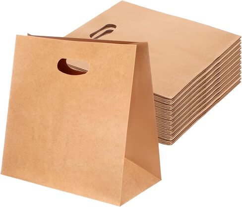 Pafeooui 75 Pcs Brown Paper Bags with Handles, 11x6x11 inch Die Cut Tote Bulk Grocery Takeout Bag for Retail Shopping Takeout Bakery in Saudi Arabia