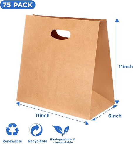 Pafeooui 75 Pcs Brown Paper Bags with Handles, 11x6x11 inch Die Cut Tote Bulk Grocery Takeout Bag for Retail Shopping Takeout Bakery in Saudi Arabia
