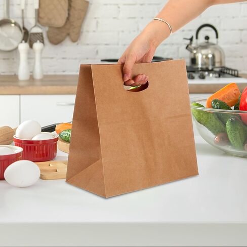 Pafeooui 75 Pcs Brown Paper Bags with Handles, 11x6x11 inch Die Cut Tote Bulk Grocery Takeout Bag for Retail Shopping Takeout Bakery in Saudi Arabia
