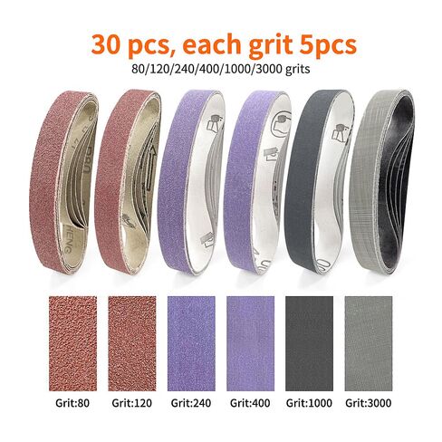أحزمة صنفرة مقاس 1/2 بوصة × 18 بوصة، 30 قطعة و6 حبيبات (80/120/240/400/1000/3000) - أحزمة زركونيا وألومينا وكربيد السيليكون لأجهزة وين وريوبي وأسترو وإنجرسول إير وآلات صنفرة التفاصيل - الطحن وإزالة الأزيز والتلميع in Kuwait