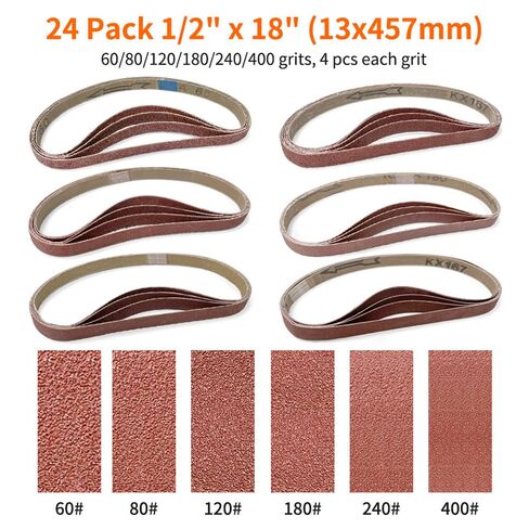 24 حزمة من أحزمة الصنفرة مقاس 13 × 457 مم 1/2 × 18 بوصة - 6 حبيبات × 4 قطع لكل منها، حزام أكسيد الألومنيوم لصنفرة الخشب وتلميعه والمشروعات اليدوية in Kuwait