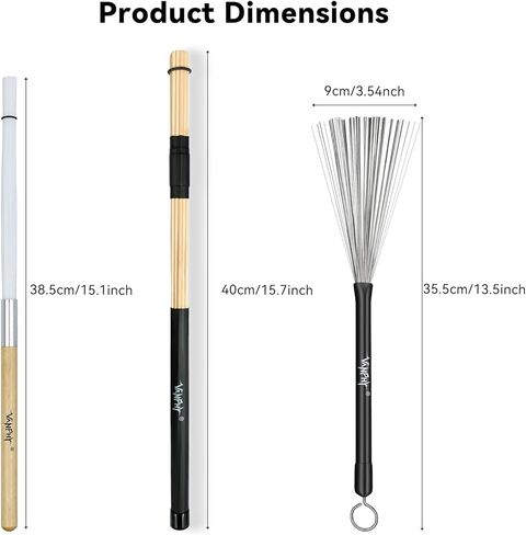 مجموعة فرش الطبل - 3 عبوات (فرش طبلة الجاز وأعواد الطبول المصنوعة من الخيزران وفرش طبلة النايلون) مع حقيبة سوداء لأداء ممارسة قرع طبول موسيقى الجاز in Kuwait