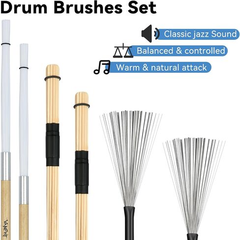 مجموعة فرش الطبل - 3 عبوات (فرش طبلة الجاز وأعواد الطبول المصنوعة من الخيزران وفرش طبلة النايلون) مع حقيبة سوداء لأداء ممارسة قرع طبول موسيقى الجاز in Kuwait