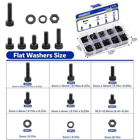 matell M3 Metric Black Hex Socket Head Cap Screw Assortment,Grade 12.9 Carbon Steel Screws Nuts and Washers Assortment,Washer kit,nut kit,Length 4/5/6/8/10/12mm in Kuwait
