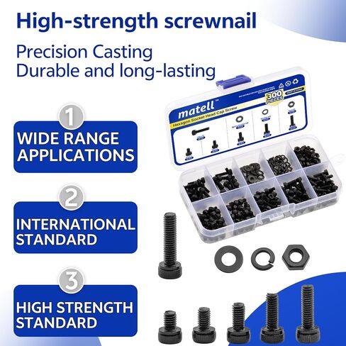 matell M3 Metric Black Hex Socket Head Cap Screw Assortment,Grade 12.9 Carbon Steel Screws Nuts and Washers Assortment,Washer kit,nut kit,Length 4/5/6/8/10/12mm in Kuwait