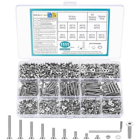 مجموعة مسامير براغي M3 M4 M5 M6 M8، 155-1144 قطعة، مجموعة متنوعة من المقبس السداسي المسطح برأس غاطس، غسالات صواميل براغي الآلة مع مفتاح ألين لإصلاح الأثاث الإلكتروني (فضي) (1111، M3) in Kuwait