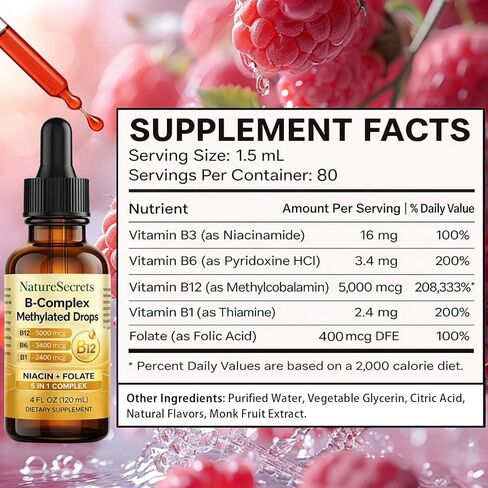 NATURESECRETS B-Complex Methylated Drops, with B12 B6 B1, Fast Sublingual Absorption, Essential B Vitamins for Energy & Nervous System Support, Raspberry Flavor, 120 mL / 4 fl oz in Saudi Arabia