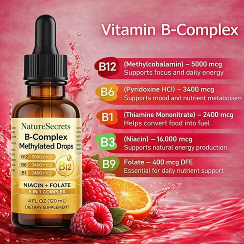 NATURESECRETS B-Complex Methylated Drops, with B12 B6 B1, Fast Sublingual Absorption, Essential B Vitamins for Energy & Nervous System Support, Raspberry Flavor, 120 mL / 4 fl oz in Saudi Arabia