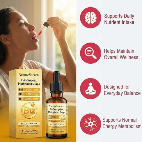 NATURESECRETS B-Complex Methylated Drops, with B12 B6 B1, Fast Sublingual Absorption, Essential B Vitamins for Energy & Nervous System Support, Raspberry Flavor, 120 mL / 4 fl oz in Saudi Arabia