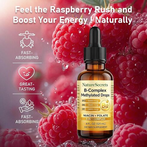 NATURESECRETS B-Complex Methylated Drops, with B12 B6 B1, Fast Sublingual Absorption, Essential B Vitamins for Energy & Nervous System Support, Raspberry Flavor, 120 mL / 4 fl oz in Saudi Arabia