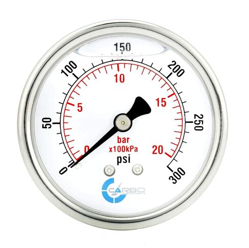 2" Pressure Gauge, Stainless Steel Case, Chrome Plated Brass Connection, Liquid Filled, 0-300 psi/kPa, Back Mount 1/4" NPT in Saudi Arabia