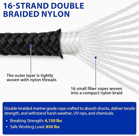 Boat Dock Lines Marine Rope - 3/8" x 25ft with Pre-Spliced 12" Loop Double Braided Nylon Ropes Bumper Tie Mooring Line for Boats Docking Pontoon Boating Accessories - 4 Pack in Kuwait