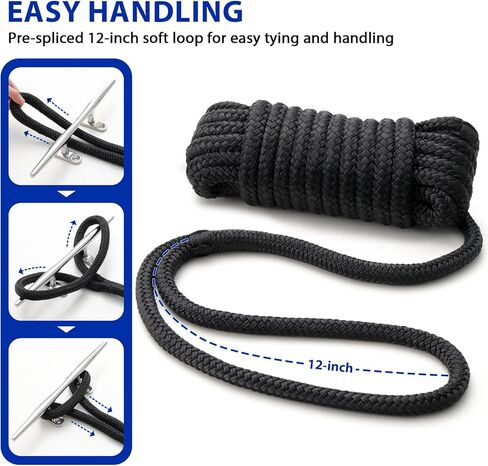 Boat Dock Lines Marine Rope - 3/8" x 25ft with Pre-Spliced 12" Loop Double Braided Nylon Ropes Bumper Tie Mooring Line for Boats Docking Pontoon Boating Accessories - 4 Pack in Kuwait