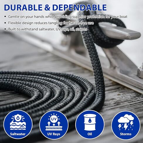 Boat Dock Lines Marine Rope - 3/8" x 25ft with Pre-Spliced 12" Loop Double Braided Nylon Ropes Bumper Tie Mooring Line for Boats Docking Pontoon Boating Accessories - 4 Pack in Kuwait