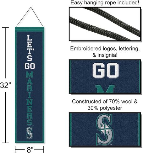 لافتة معلقة مطرزة من الصوف العمودي مقاس 8 × 32 بوصة من WinCraft Seattle Mariners Let's Go Mariners in Saudi Arabia