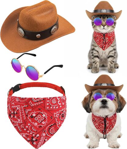 Pet Cowboy Hats Dog Cat Halloween Costumes Cute West Cowboy Hat Bandana Festival Cosplay Accessories (Brown + Red) in Kuwait