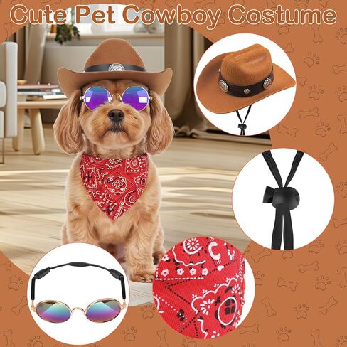 Pet Cowboy Hats Dog Cat Halloween Costumes Cute West Cowboy Hat Bandana Festival Cosplay Accessories (Brown + Red) in Kuwait