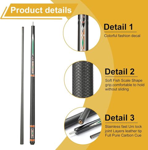 عصا البلياردو من ألياف الكربون، 58 بوصة، عصي طاولة البلياردو، طرف 12.5 مم، قبضة ناعمة من ألياف الكربون البلياردو، وزن عصا البلياردو 20 أونصة in Kuwait