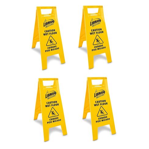 لافتة Libman Commercial Caution للأرضيات المبللة، مشبك قفل، عالي التحمل، أصفر (عبوة من 4 قطع) in Kuwait