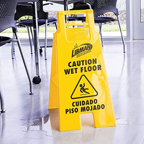 لافتة Libman Commercial Caution للأرضيات المبللة، مشبك قفل، عالي التحمل، أصفر (عبوة من 4 قطع) in Kuwait