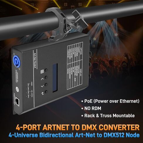 4-Port ArtNet to DMX Converter with PoE, 4-Universe Bidirectional Art-Net to DMX512 Node, 4-Channel Network Converter for Lighting Controller Interface, Rack & Truss Mountable in Kuwait