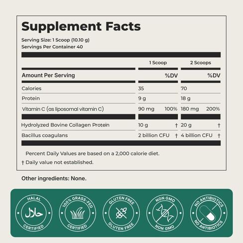 مسحوق الكولاجين مع فيتامين C والبروبيوتيك (18 جرام بروتين) ببتيدات الكولاجين الحلال النقية التي تتغذى على العشب للنساء - بدون نكهة ومتحللة من النوع الأول والثالث للبشرة والشعر والأظافر والمفاصل والأمعاء in Kuwait