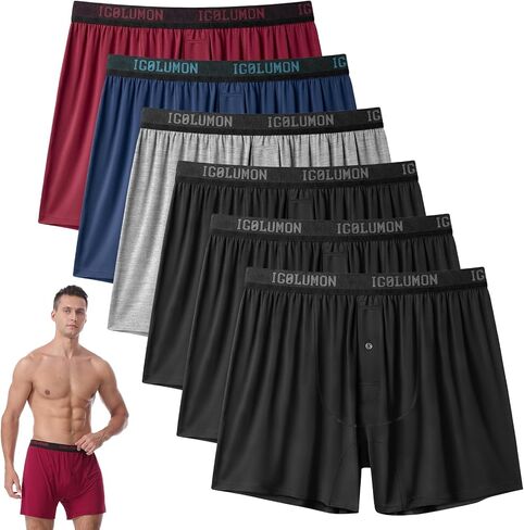 IGOLUMON Mens Underwear, Relaxed Fit Boxer Shorts 6 Pack, Bamboo Rayon Boxers for Men, Classic Boxer Shorts Button Fly in Kuwait