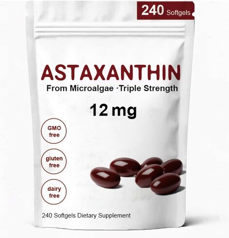 أستازانتين 12 ملغ، مكملات أستازانتين الممتازة المضادة للأكسدة مع نشاط مضاد للأكسدة، يدعم العين والمناعة وصحة الجلد والدورة الدموية الداخلية - 240 كبسولة هلامية in Kuwait