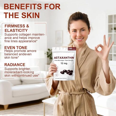 أستازانتين 12 ملغ، مكملات أستازانتين الممتازة المضادة للأكسدة مع نشاط مضاد للأكسدة، يدعم العين والمناعة وصحة الجلد والدورة الدموية الداخلية - 240 كبسولة هلامية in Kuwait