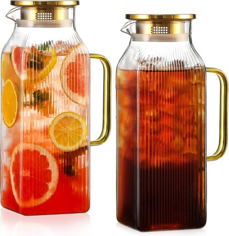 2 Pack 2 Liter/68 oz Square Glass Pitcher with Lid, Classic Stripes Water Pitchers with Handle for Fridge, Large Jug for Iced Tea, Coffee, Borosilicate Glass Carafe for Hot/Cold Brew Drink, Gold in Kuwait