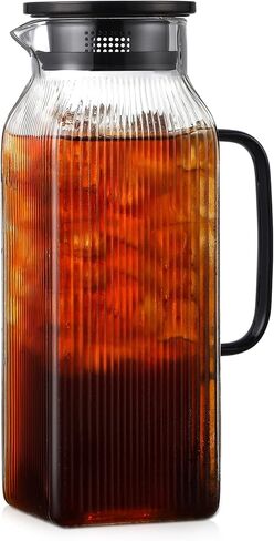 2 Pack 2 Liter/68 oz Square Glass Pitcher with Lid, Classic Stripes Water Pitchers with Handle for Fridge, Large Jug for Iced Tea, Coffee, Borosilicate Glass Carafe for Hot/Cold Brew Drink, Gold in Saudi Arabia