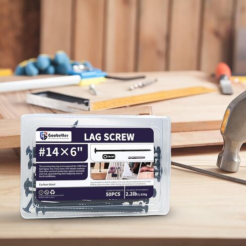 Lag Screws 6 Inch, 50PCS Heavy Duty Construction Screw, Structural Wood Screw #14 x 6, Rust Resistant, Washer Head, Black Coated Exterior Wood/Lag Screws Hex Socket Included in Kuwait