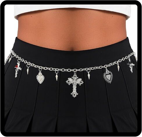 Navoky Goth Heart Chain Skull Silver Punk Cross Cross Chain Belt Y2K Love Heart Pendant سلسلة جسم قابلة للتعديل للنساء in Saudi Arabia