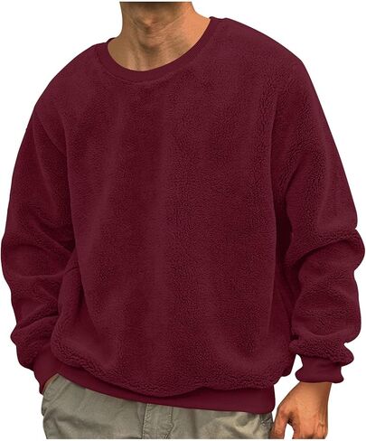 Fuzzy Sweatshirt for Men Crew Neck Long Sleeve Fleece Pullover Oversized Winter Warm Soft Sweatshirt in Saudi Arabia