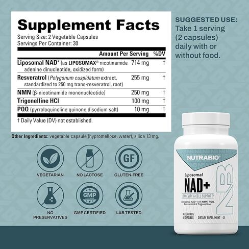 NutraBio Liposomal NAD+ Supplement with Resveratrol, NMN & PQQ for Longevity and Cell Support for Men and Women, Long-Term Vitality, 60 Capsules in Saudi Arabia