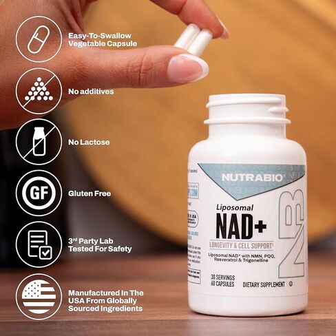 NutraBio Liposomal NAD+ Supplement with Resveratrol, NMN & PQQ for Longevity and Cell Support for Men and Women, Long-Term Vitality, 60 Capsules in Saudi Arabia
