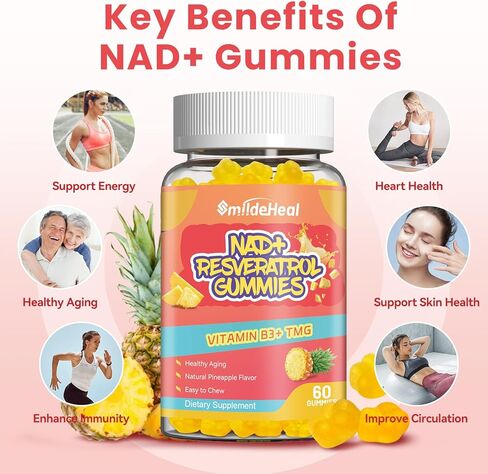 NAD+ ريسفيراترول علكات NAD+ مكمل 500 ملغ مع فيتامين B3 وTMG - شيخوخة صحية، طاقة ودعم الصحة الخلوية - صديق للنباتيين، بكتين طبيعي - 60 علكة، كمية تكفي لمدة 30 يومًا in Kuwait