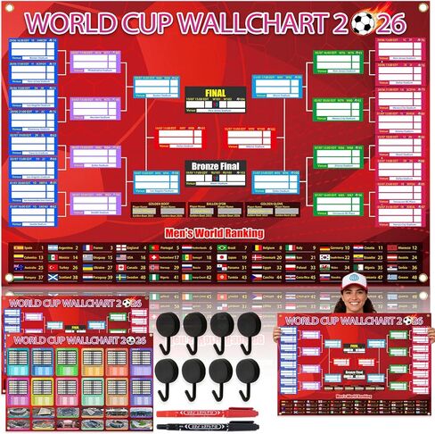 2 PCS World Cup Schedule 2026 Poster Soccer Party DecorationsSoccer Party Decorations Knockout Stage Bracket Wallchart & Group Stage Wallchart Showcase Waterproof Backdrop Banner Sports Event Merchandise Football Fans Gifts with Hook 33x24" in Saudi Arabia