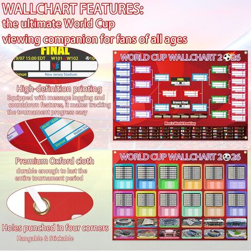 2 PCS World Cup Schedule 2026 Poster Soccer Party DecorationsSoccer Party Decorations Knockout Stage Bracket Wallchart & Group Stage Wallchart Showcase Waterproof Backdrop Banner Sports Event Merchandise Football Fans Gifts with Hook 33x24" in Saudi Arabia
