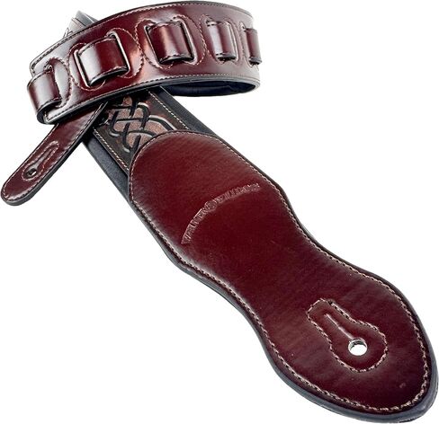 Walker And Williams KB-07 Dark Walnut Brown Body With Black Celtic Chain Carving Full Grain Carving Leather Padded Strap For Acoustic, Electric, And Bass Guitars in Saudi Arabia
