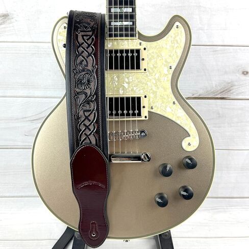 Walker And Williams KB-07 Dark Walnut Brown Body With Black Celtic Chain Carving Full Grain Carving Leather Padded Strap For Acoustic, Electric, And Bass Guitars in Saudi Arabia