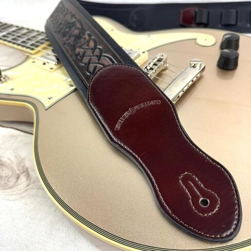 Walker And Williams KB-07 Dark Walnut Brown Body With Black Celtic Chain Carving Full Grain Carving Leather Padded Strap For Acoustic, Electric, And Bass Guitars in Saudi Arabia