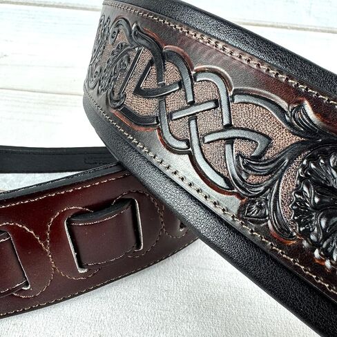 Walker And Williams KB-07 Dark Walnut Brown Body With Black Celtic Chain Carving Full Grain Carving Leather Padded Strap For Acoustic, Electric, And Bass Guitars in Saudi Arabia
