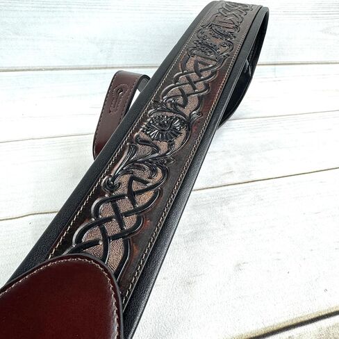 Walker And Williams KB-07 Dark Walnut Brown Body With Black Celtic Chain Carving Full Grain Carving Leather Padded Strap For Acoustic, Electric, And Bass Guitars in Saudi Arabia