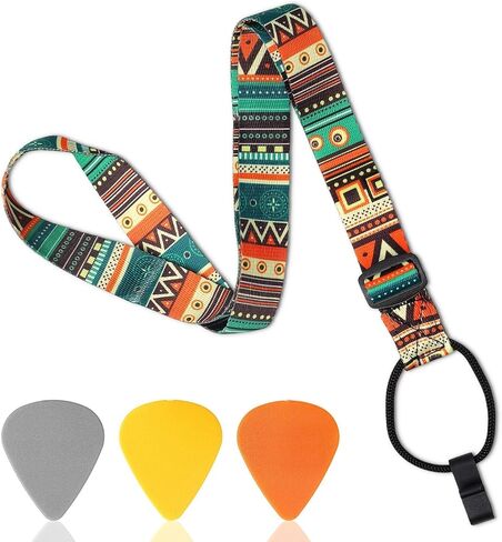Adjustable Ukulele Strap with 3 Picks - Colorful Ethnic Shoulder Strap for Soprano, Concert, Tenor & Baritone Ukuleles | 23-55" Length Fit for Kids & Adults | Soft Fabric Neck Strap for Small Guitar in Saudi Arabia